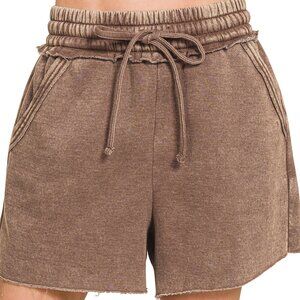 NWT Ladies Brown Acid Wash Fleece Drawstring Shorts with Pockets